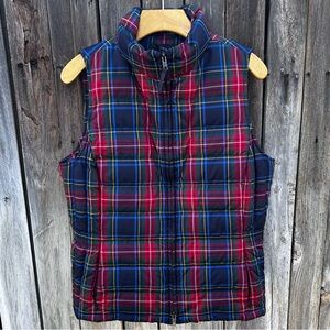 Talbots Tartan Plaid Puffer Down Vest Navy Blue Red M